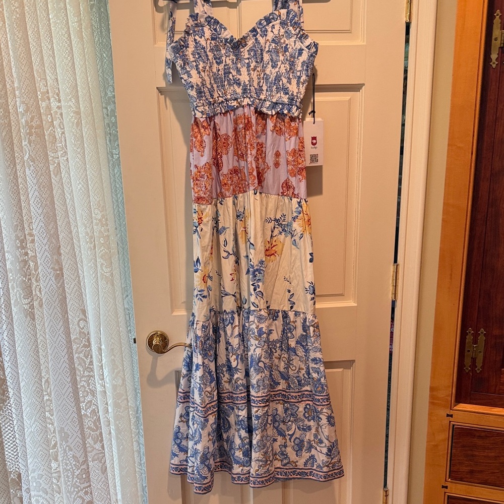 Floral Tiered Maxi Dress in Blue, White & Rust